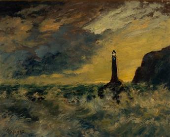 LOUIS EILSHEMIUS Seascape with a Lighthouse.
